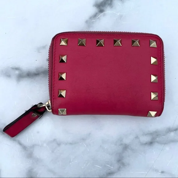 Valentino Rockstud hot pink mini leather zip wallet